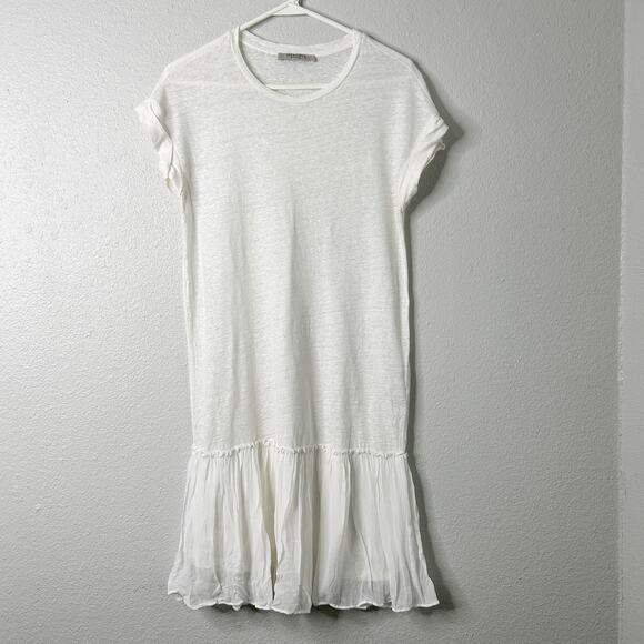 AllSaints Jody Jersey Dress White XS Linen Cap Sleeve Gathered Skirt Drop Waist - Picture 2 of 11